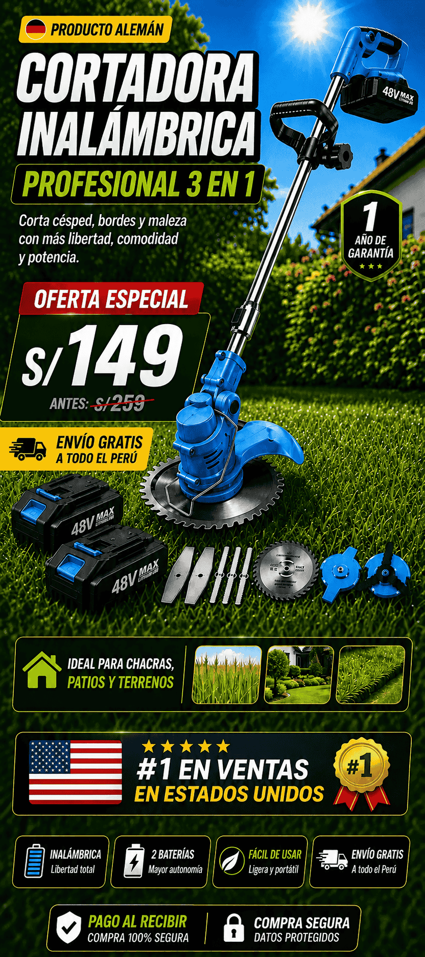 PowerTrim Pro™🔥| Cortadora 3 en 1 Recargable + 2 Baterías 48V + Accesorios Completos