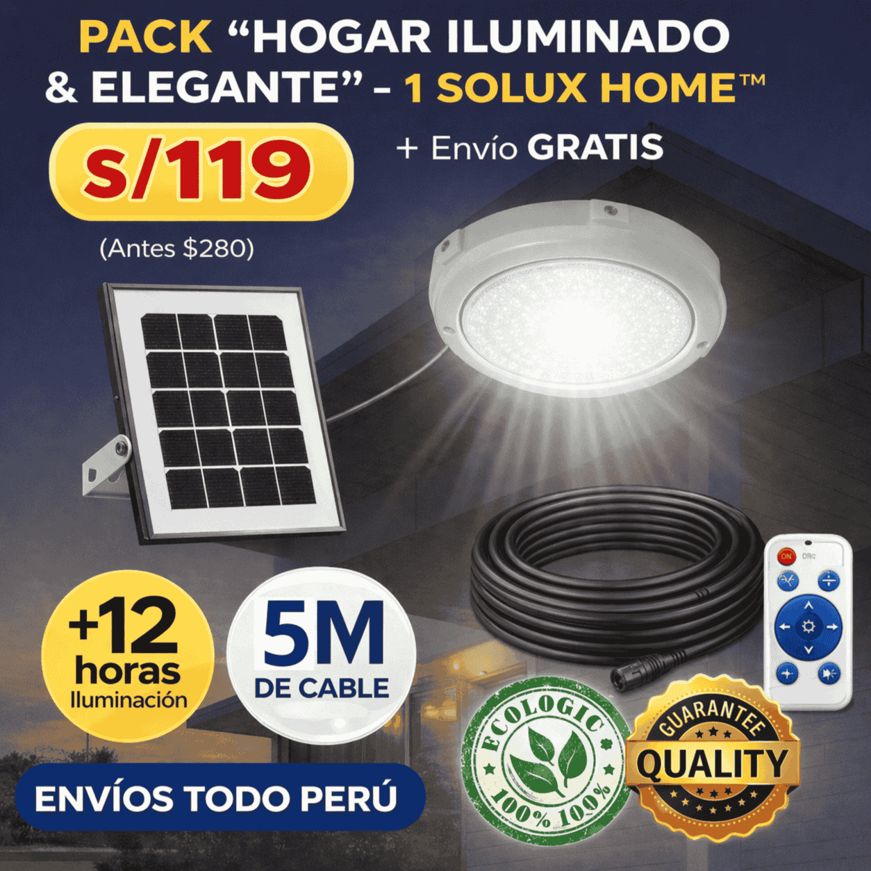 🔋 LÁMPARA LED PARA INTERIORES CON PANEL SOLAR + Control y Cable de Instalación | Envío Gratis 🌞