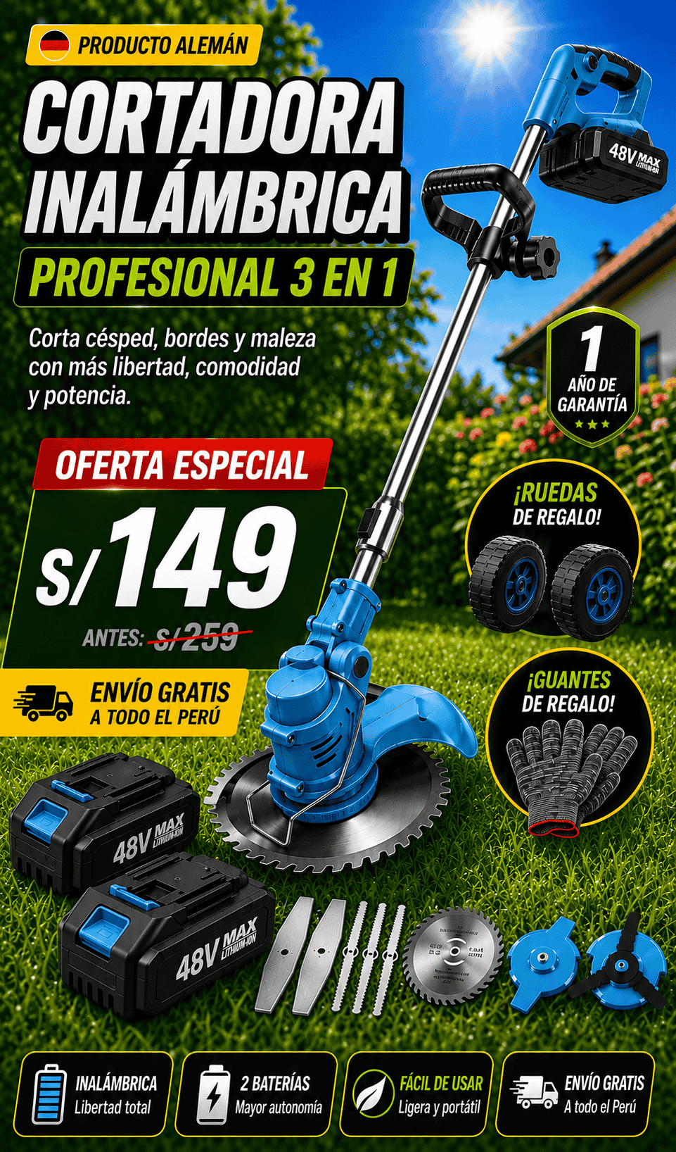 PowerTrim Pro™🔥| Cortadora 3 en 1 Recargable + 2 Baterías 48V + Accesorios Completos