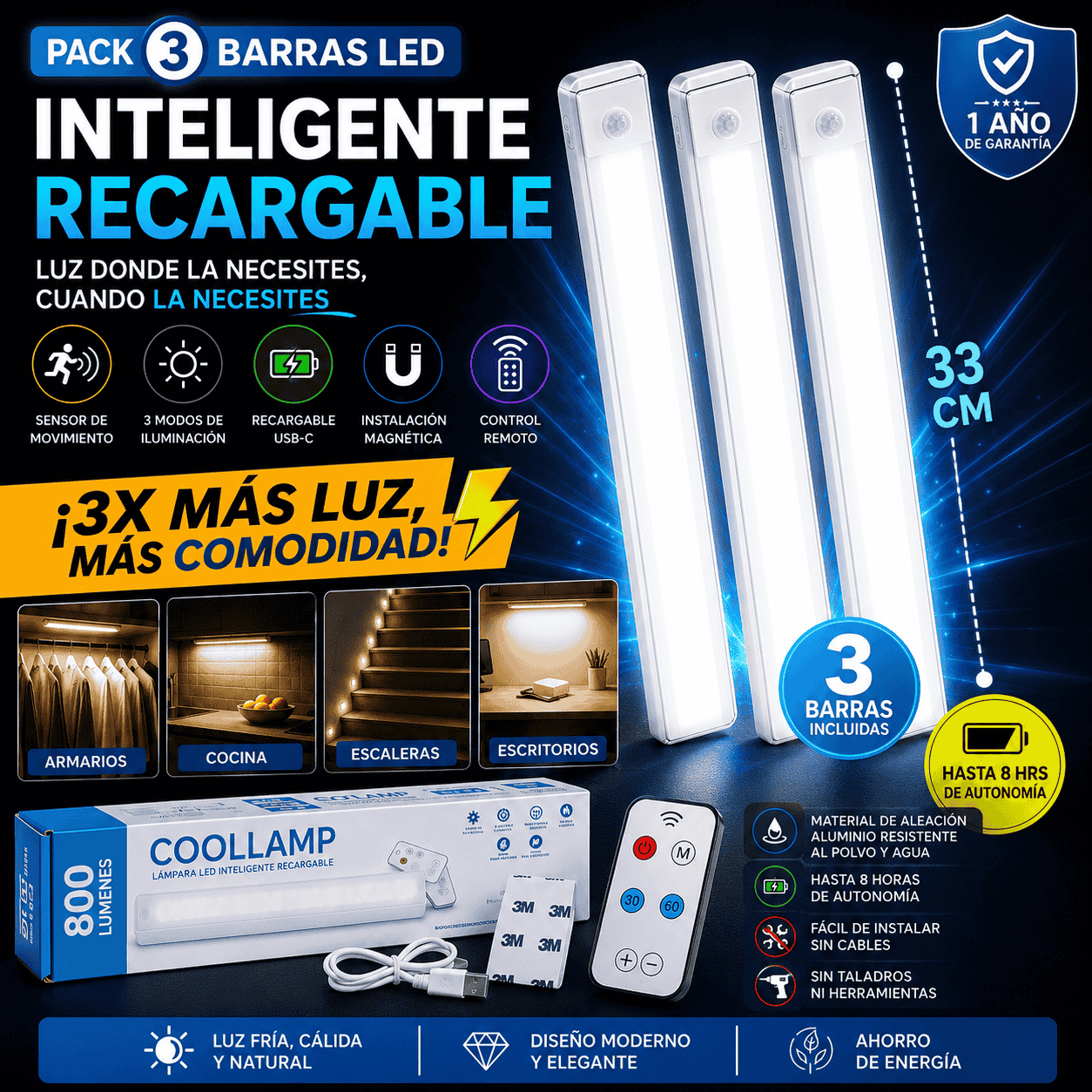 PACK DE 3 BARRAS LED INTELIGENTE RECARGABLE🔥