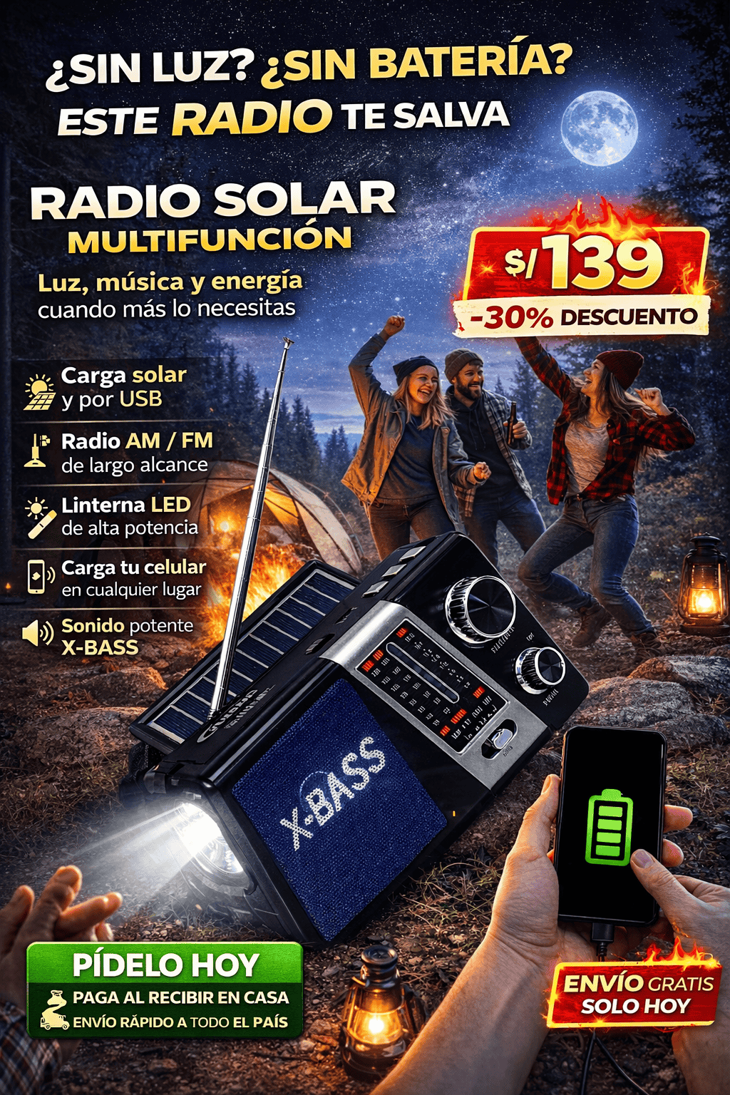 RADIO POWER BANK CON PANEL SOLAR Y LINTERNA📻🔦
