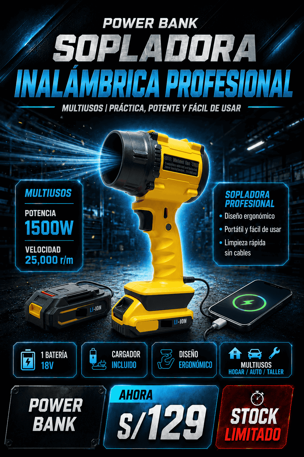 SOPLADOR INALÁMBRICO 1500W Con Power Bank