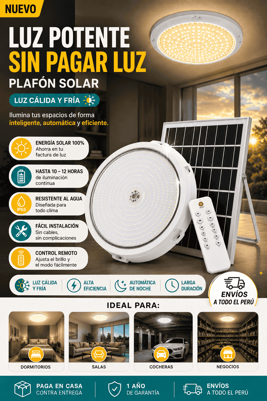 🔋Plafón Solar Led Para Interiores CON PANEL SOLAR + Control y Cable de Instalación | Envío Gratis 🌞