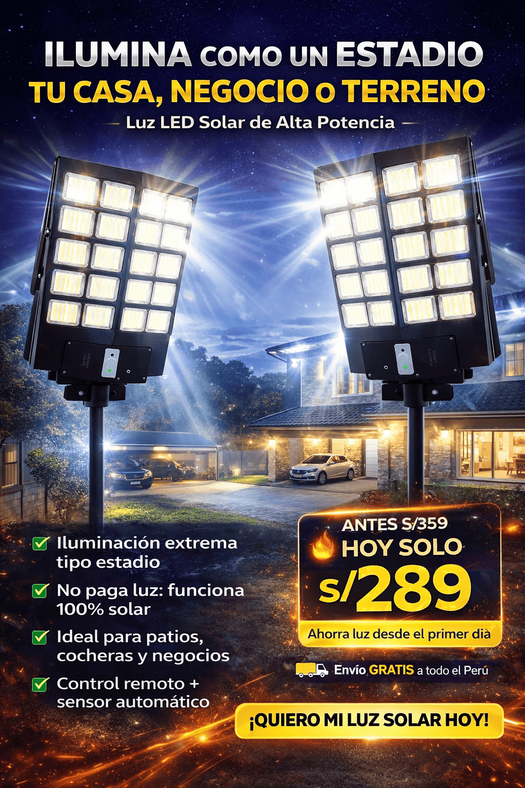🔆 LÁMPARA SOLAR LED PARA EXTERIORES (TIPO POSTE)