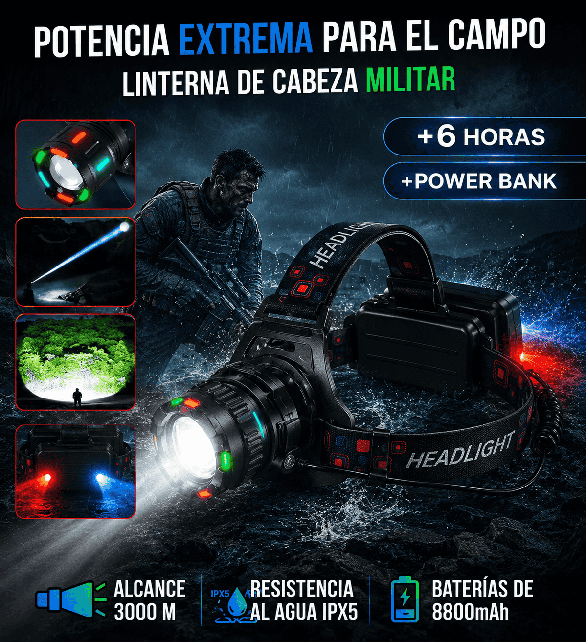 🔦 LINTERNA TELESCÓPICA FRONTAL 3000M ⚡ POWER BANK LED ULTRA POTENTE 🔋